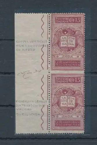 1921 Italien Königreich, Nr. 116n, Dante Alighieri, Paar 15 Cent ungezahnter lila Flieder in der Mitte und mit filigranen Buchstaben, postfrisch**