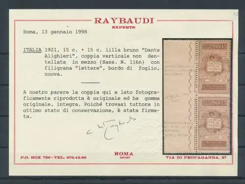 1921 Italien Königreich, Nr. 116n, Dante Alighieri, Paar 15 Cent ungezahnter lila Flieder in der Mitte und mit filigranen Buchstaben, postfrisch**