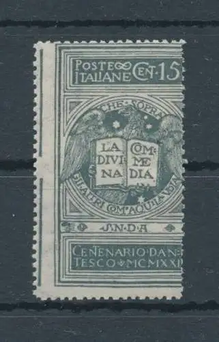 1921 Italien - Königreich, Dante 15 Cent grau, nicht ausgegeben, Nr. 116A - Dezentral mit Teil des Bogenrandrahmens in der Briefmarke - postfrisch **