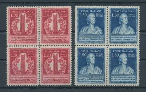 1949 Italien - Republik, 150 Jahre Volta Stack, 2 Werte, Nr. 611/12 - Viererblock, postfrisch**