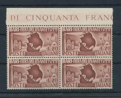 1950 Italien - Republik, 14 Messe der Levante Bari - 1 Wert, Nr. 627, gute ausgezeichnete Zentrierung, mnh** - Block von vier