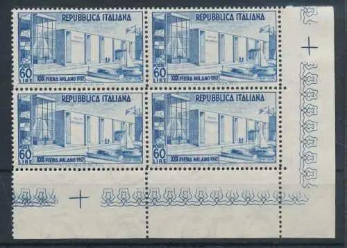 1952 Italien - Republik, 30. Mailänder Messe - 1 Wert, Nr. 685, gute ausgezeichnete Zentrierung, postfrisch ** - Block von Vier - Winkelblatt