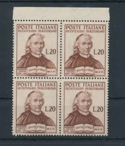 1950 Italien - Republik, Ludovico Muratori - 1 Wert, Nr. 625, gute ausgezeichnete Zentrierung, postfrisch** - Block von vier