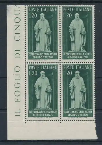 1950 Italien - Republik, Guido d'Arezzo - 1 Wert, Nr. 626, gute ausgezeichnete Zentrierung, postfrisch ** - Block von Vier - Winkelblatt