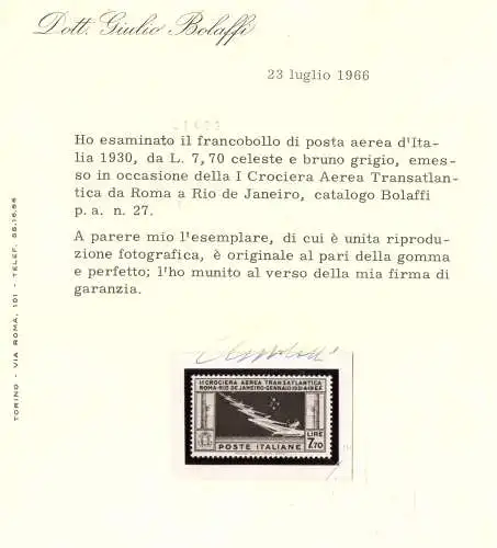 1930 Königreich Italien, Transatlantikkreuzfahrt von General Balbo, 7,70 himmlisch klar Nr. 25 - Geschickzertifikat - MNH**