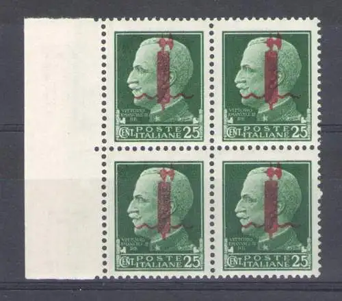 1944 Italienische Sozialrepublik, Nr. 490, 25 Cent grün, roter Bandaufdruck, postfrisch ** Block von vier