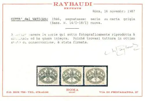 1946 Vatikan, breite Zeilenschilder graues Papier 3 Val, neu und perfekt mnh** mit Raybaudi-Zertifikat - ausgezeichnete Zentrierung