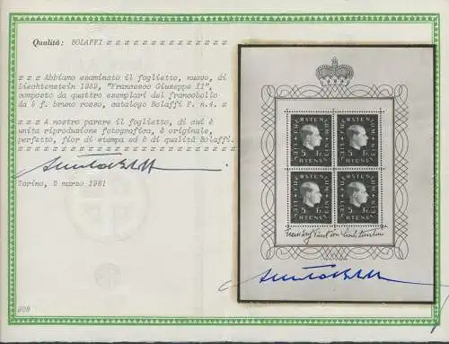 1939 Liechtenstein, Blatt Nr. 4, Bildnis von Fürst Franz Joseph II., postfrisch** - Bolaffi-Zertifikat