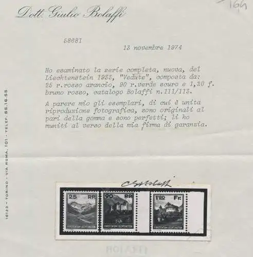 1933 Liechtenstein, Nr. 111/113, Verschiedene Ansichten, 3 Werte, Giulio Bolaffi Zertifikat, MNH**