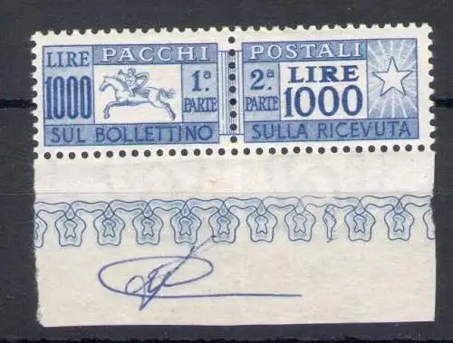 1954 Italien - Republik, Postpakete Lire 1000, Cavallino, Landmans-Zertifikat Nr. 81, Kammverzahnung - postfrisch **