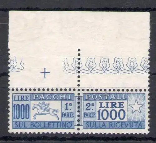 1954 Italien - Republik, Postpakete Lire 1000, Cavallino, Raybaudi Gold-Zertifikat Nr. 81, Kammzahnverzahnung - postfrisch **