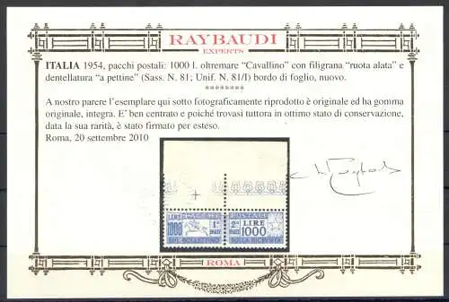 1954 Italien - Republik, Postpakete Lire 1000, Cavallino, Raybaudi Gold-Zertifikat Nr. 81, Kammzahnverzahnung - postfrisch **