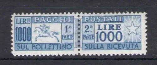 1954 Italien - Republik, Postpakete Lire 1000, Cavallino, Zertifikat Philatelia De Simoni Nr. 81, Lineare Verzahnung - postfrisch **