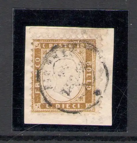 1862 Italien - Königreich, Nr. 1e - 10 Cent Bistro Oliva, Bildnis Vittorio Emanuele II, auf Fragmenten gebraucht