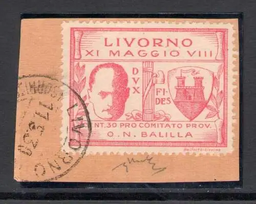 1930 Italien Königreich Livorno, Mussolinis Besuch in Livorno Nr. 1 - Verwendet auf Fragmenten - 11-05-1930 Erster Tag der Ausgabe - Firma Chiavarello