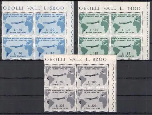 1961 Italien - Republik, Besuch von Präsident Gronchi in Südamerika, 3 Werte, Nr. 918/20, mnh** - Vierwinkelblock