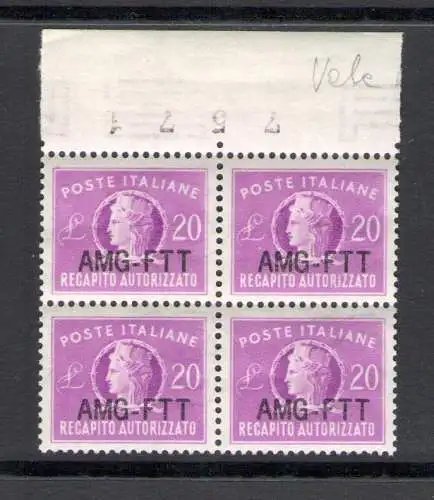 1954 TRIEST A - Autorisierte Zustellung - Neue Druckvorstufe Nr. 5A - 4er Block