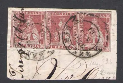 1851-52 Toskana, Nr. 4 - 1 Verrückter hellkarminisch auf Grau, 3er Streifen