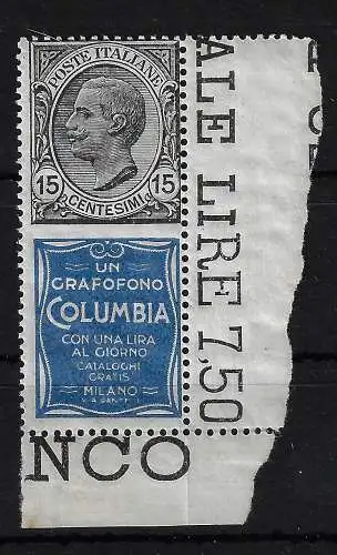 1924 Italien Königreich, Werbe Nr. 2, 15 Cent Columbia Überseegrau - postfrisch**