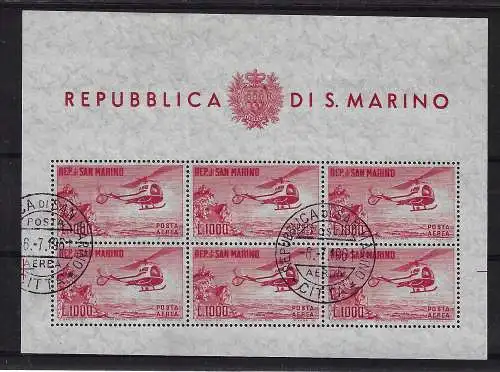 1961 SAN MARINO, Luftpost Blatt 1.000 Lire Hubschrauber, 6.7.1961 - FDC