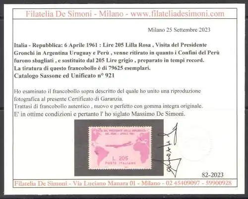 1961 Italien - 205 Lire Rosa - Gronchi Rosa - postfrisch** - Zertifikat De Simoni