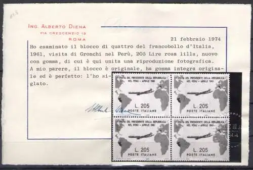 1961 Italien - 205 Lire Rosa - Gronchi Rosa - Block di Quattro - postfrisch**