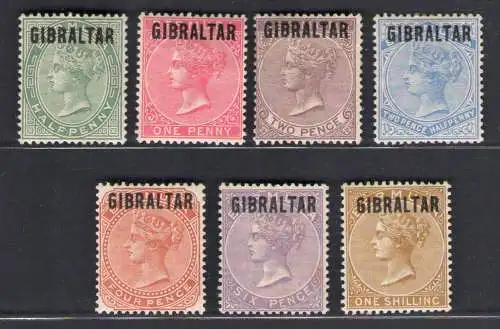 1866 Gibraltar, Stanley Gibbons Nr. 1/7 - Sieg überstampft - MH*