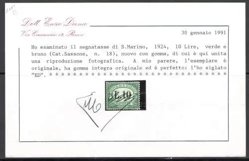 1924 SAN MARINO, Signatasse, Nr. 10/18 - postfrisch** Diena-Zertifikat