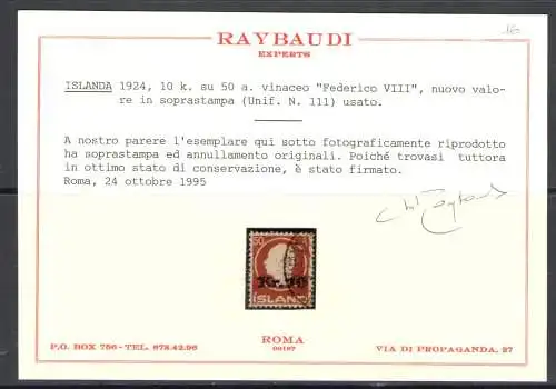 1924-26 Island, Nr. 111 - 10k. von 50 a. - Gebraucht Raybaudi Zertifikat