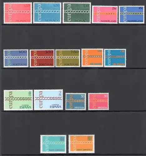 1971 EUROPA CEPT, komplettes Jahr, 21 Länder 44 postfrisch Werte**