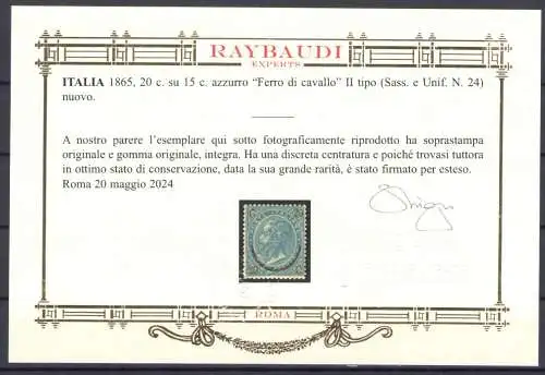 1865 Italien - Königreich, Pferdeeisen Nr. 24 - 20 Cent auf 15 Cent blau, postfrisch**