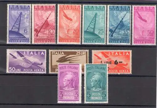 1947 Italien Republik, neue Briefmarken, Vollständiges Jahr 11 Werte Luftpost + Reifenpost, postfrisch**