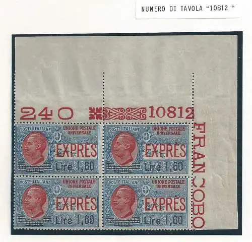 1924 Italien - Königreich, Espresso Nr. 10 mnh/** quartina mit tischnummer
