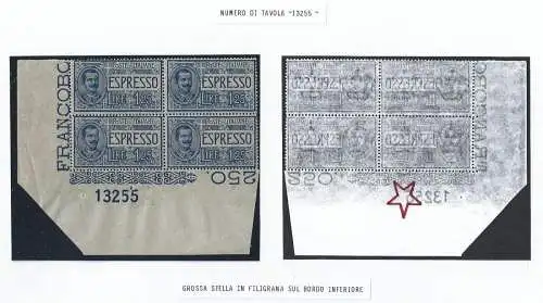 1924 Italien - Königreich, Espresso Nr. 12 MNH/** QUARTINA MIT TISCHNUMMER