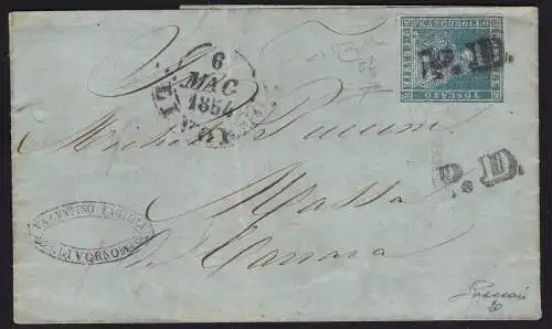 1851-52 TOSKANA, Nr. 5e 2 cr. blaugrün LETTERA Cert. Raybaudi/R.Diena