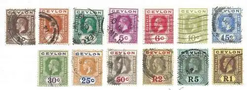 1912-25 CEYLON, SG 301-317 13 Werte GEBRAUCHT