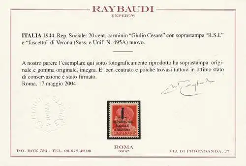1944 RSI, Nr. 495/A 20c. carminio MNH/** Raybaudi zertifiziert Oliva Signatur