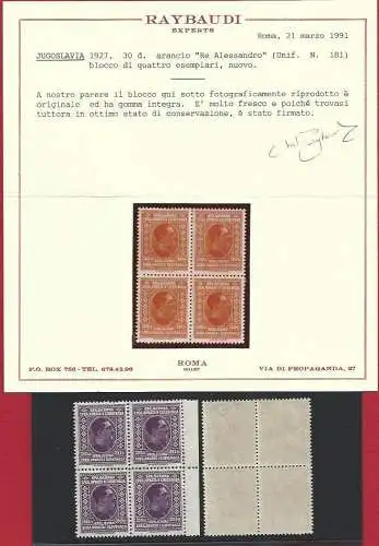 1926 JUGOSLAWIEN - Michel-Katalog Nr. 188/199 - Einheitlicher Katalog Nr. 170/181 - postfrisch** seltenes Viertel - Viererblock