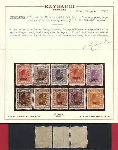 1928 JUGOSLAWIEN - Michel-Katalog Nr. 212/221 - Einheitlicher Katalog Nr. 194/203 - MNH** Raybaudi Zertifikat