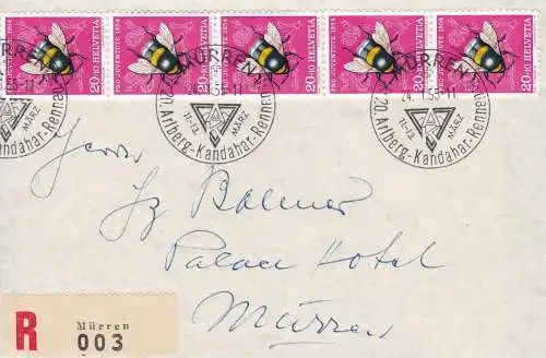 1954 SCHWEIZ, Zum. PJ 155 Fünferstreifen auf Brief