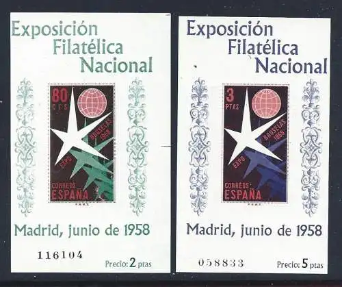 1958 SPANIEN - Blätter Nr. 19/20 Philatelieausstellung MNH**