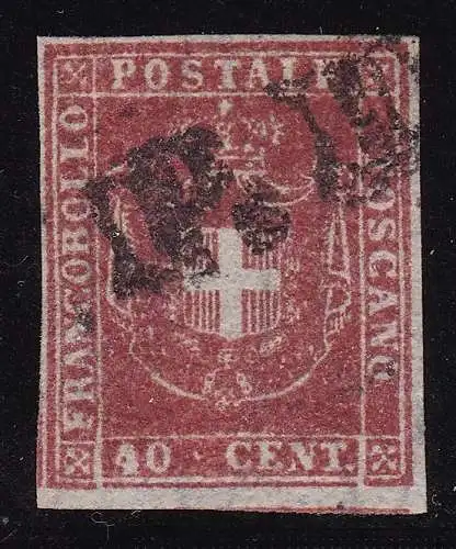 1860 TOSKANA, Nr. 21a 40 Cent. scharlachrotes Carmin GEBRAUCHT Signatur Bolaffi/AD