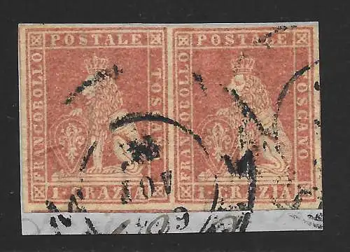 1857 TOSKANA, Nr. 12 1cr. carminium GEBRAUCHTES PAAR AUF ZERT-FRAGMENT. Luftpolster