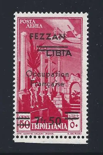 1943 FEZZAN - PA Nr. 2c - Pittorica 7 Fr.50 auf 50c. carminio MLH* Abkürzung A.Diena