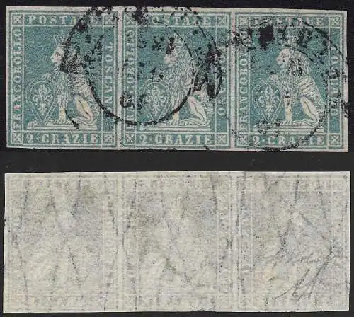 1857 TOSKANA, Nr. 13 2cr. blauer DREISTREIFEN GEBRAUCHT BOLAFFI zertifiziert