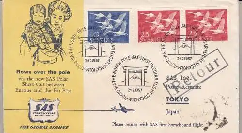 1957 SCHWEDEN - SAS FIRST FLIGHT STOCKOLM-TOKYO ÜBER NORDPOL UND ZURÜCK