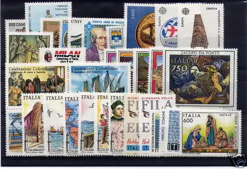 1992 Italien Republik, neue Briefmarken, Vollständiges Jahr 38 Werte + 6 Taubenblätter + 1 Heft - postfrisch **