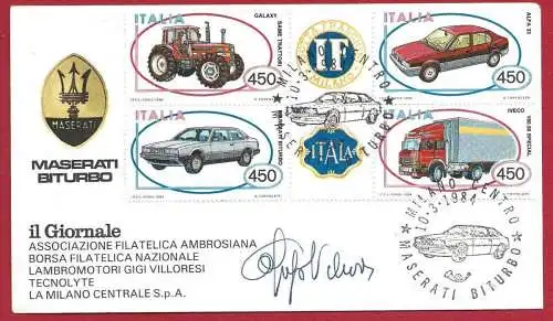 1984 Italien - REPUBLICA, Gigi Villoresi, Nr. 1666/1669, 4er-Block mit Anhängen, UMSCHLAG am ersten Tag der Ausgabe mit Autogrammunterschrift