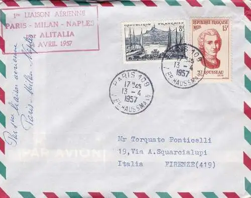 1957 FRANKREICH - ALITALIA - Erstflug PARIS-MAILAND-NEAPEL