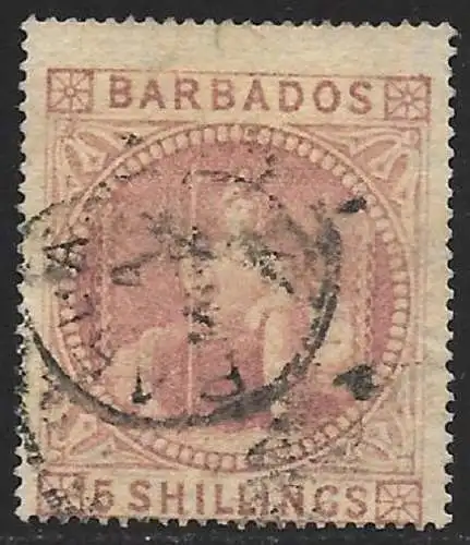 1873 BARBADOS, Nr. 64 5sh. stumpfe Rose GEBRAUCHT